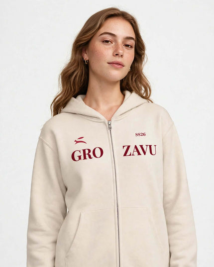 Editorial portrait in the beige full-zip fleece hoodie
