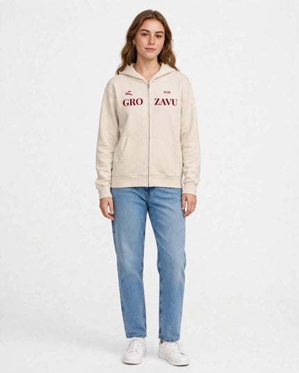 Beige full-zip hoodie in 339 g/m² fleece, full-body view