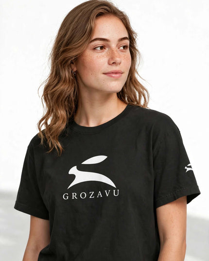 Woman wearing the black garment-dyed oversized tee, front view