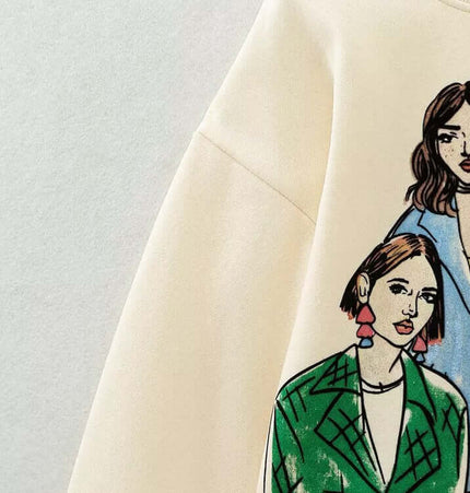 Girl Print Round Neck Sweatshirt featuring trendy printed girl pattern and round neckline.