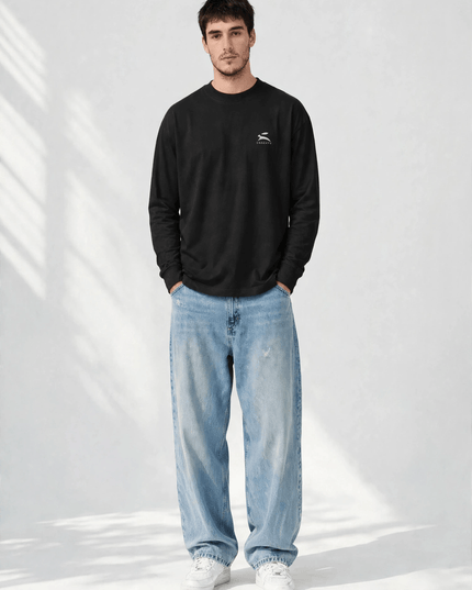 Black 220 g/m² heavyweight long sleeve tee worn front view