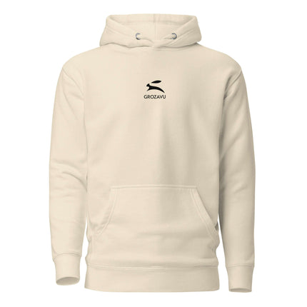 Grozavu Hoodie in cream color with front pouch pocket and logo design.
