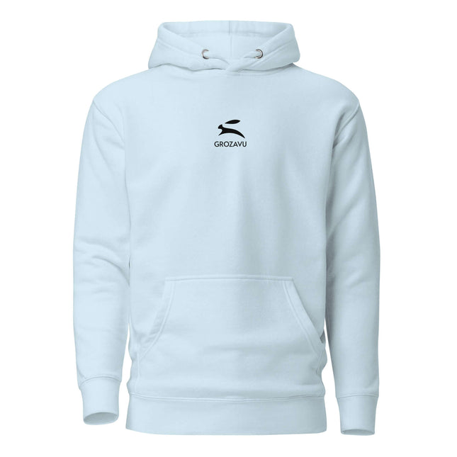 Grozavu Hoodie in light blue, featuring a front pouch pocket and cool design for streetwear style.