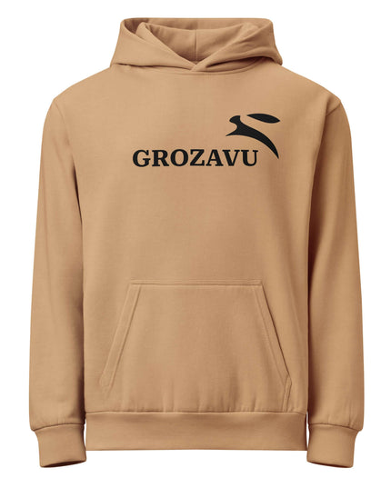 Front view of the Maison Grozavu Classic Slate Hoodie in touch — showing the effortless drape.