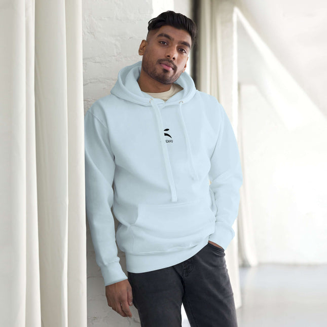 Grozavu Hoodie worn by a man, featuring a soft design and front pouch pocket, perfect for casual streetwear.