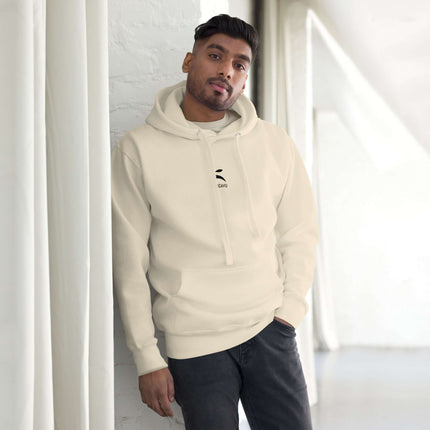 Model wearing Grozavu Hoodie in cream color, featuring a front pouch pocket and stylish design.