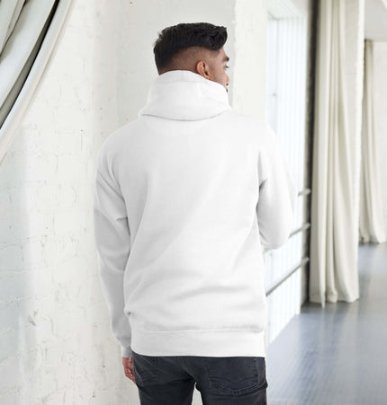 Back view of a model wearing the Grozavu Hoodie in a bright white color.