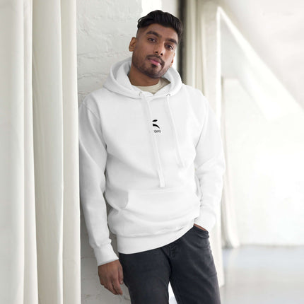 Man wearing a Grozavu Hoodie in white, showcasing the front pouch pocket and cool design.