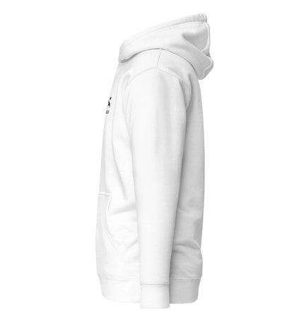Grozavu Hoodie in white showing side view, 100% cotton, with front pouch pocket and hood.
