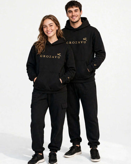 Black 280 g/m² kangaroo hoodie in organic cotton, full-body shot