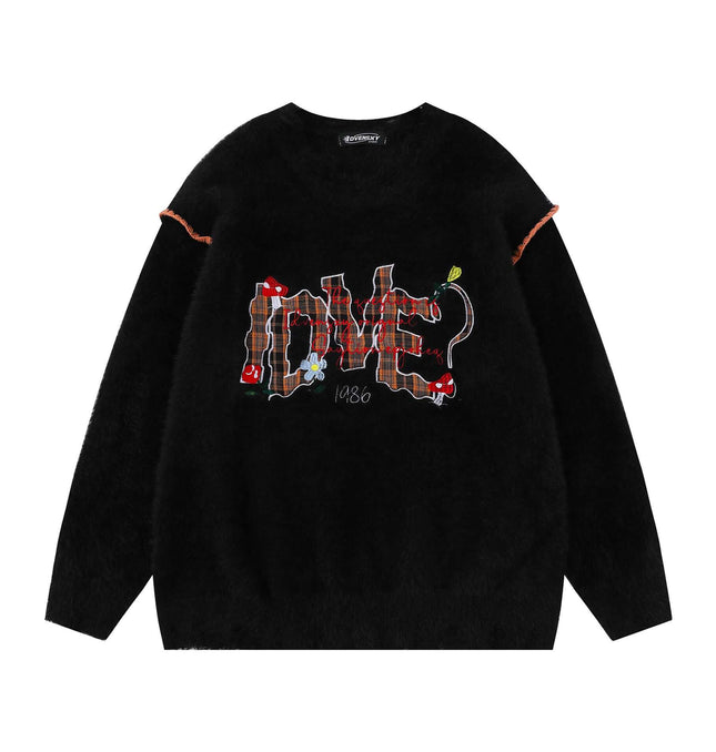 Knit Sweater with Letter Applique featuring hand-stitched design on black knit fabric, perfect for casual streetwear.