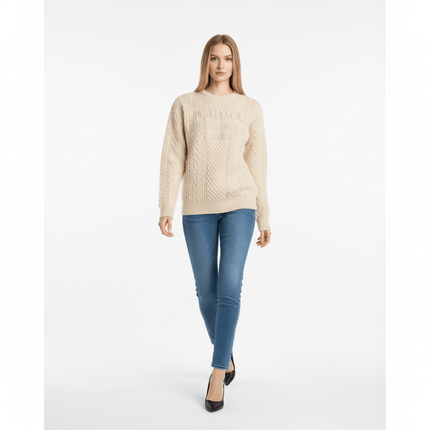 Letter Beaded Knit Sweater – Loose Fit worn by a model, featuring a round neckline and elegant beaded details.