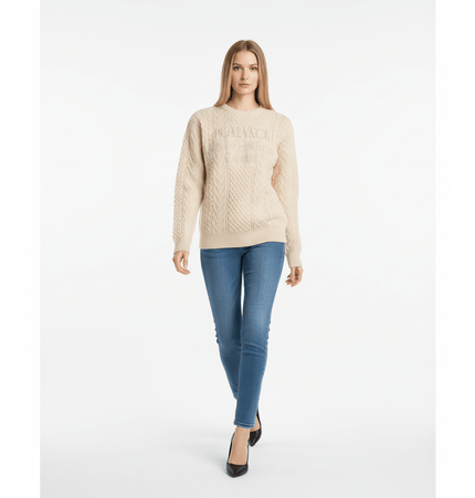 Letter Beaded Knit Sweater – Loose Fit worn by a model, featuring a round neckline and elegant beaded details.