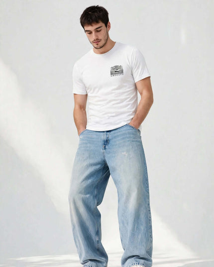 Low-angle shot of the white fine jersey fitted tee