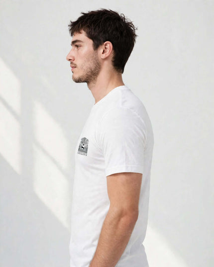 Side profile showing how the light jersey tee drapes along the body