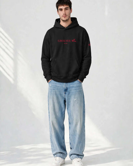 Black 280 g/m² organic cotton hoodie with lined hood, worn front view