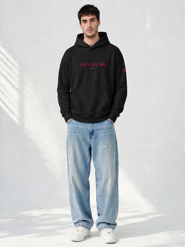 Black 280 g/m² organic cotton hoodie with lined hood, worn front view