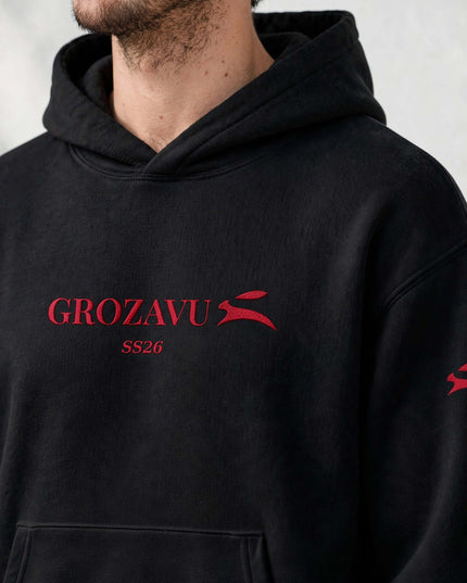 Back view of the black 280 g/m² organic cotton lined-hood sweatshirt