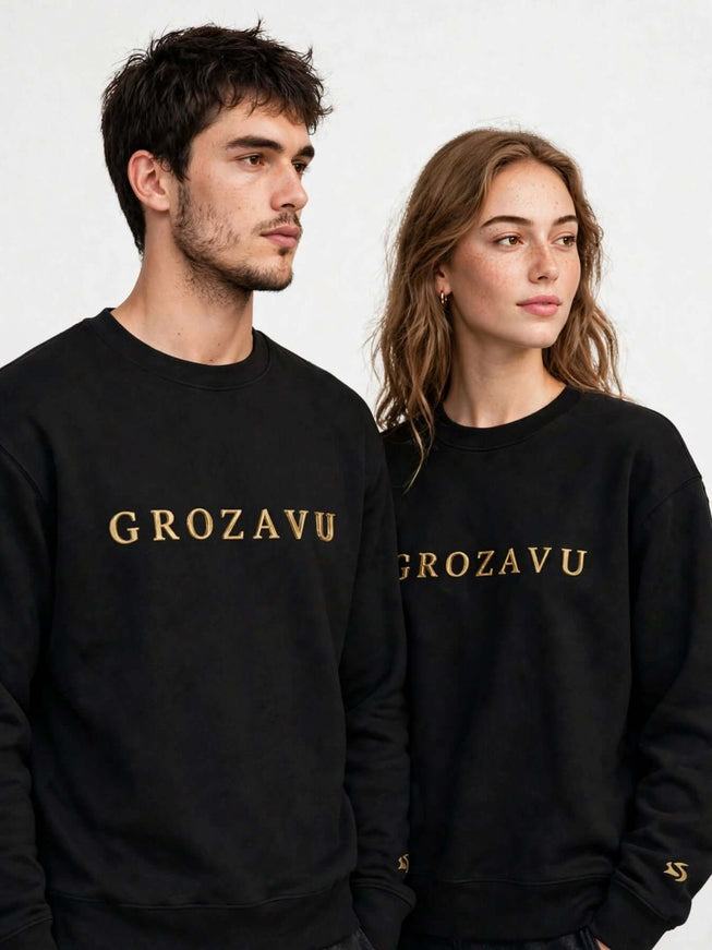 Black logo crewneck in 350 g/m² organic cotton, paired studio shot