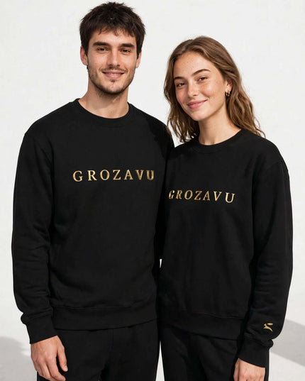 Studio shot of the black 350 g/m² organic cotton logo crewneck