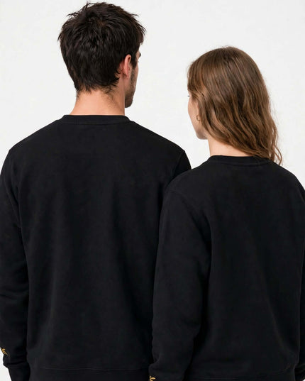 Back view of the black 350 g/m² brushed fleece logo crewneck
