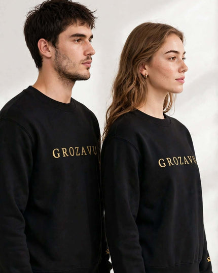 Two models in the black logo crewneck with the name across the chest