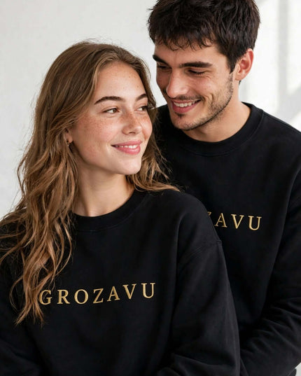 Streetwear portrait in the black Grozavu logo crewneck