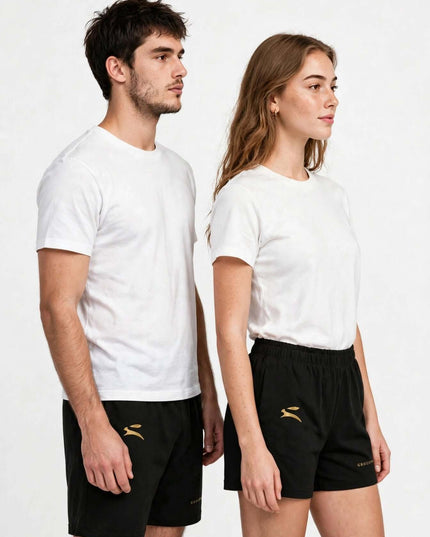 Studio portrait of the longer-cut 300 g/m² cotton stretch shorts