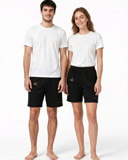 Long shorts in 300 g/m² cotton stretch, studio shot on two models