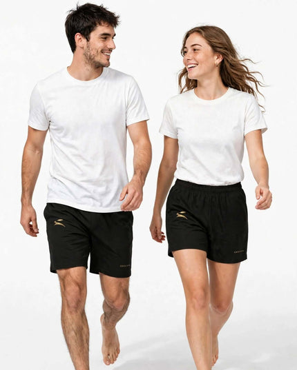 Walking shot showing the drape of the heavyweight long shorts