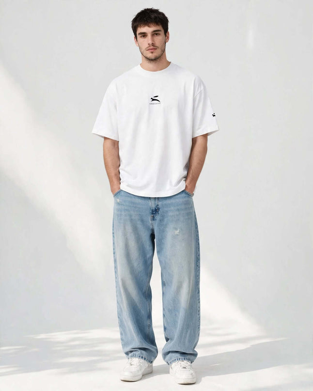 White 200 g/m² organic cotton wide collar tee, streetwear portrait