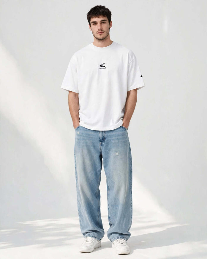 White 200 g/m² organic cotton wide collar tee, streetwear portrait