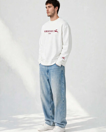 Three-quarter view of the white 350 g/m² oversized crewneck
