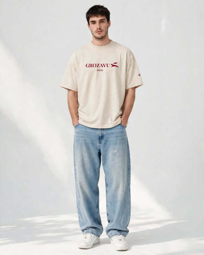 Beige oversized heavyweight tee in 237 g/m² combed cotton, front view