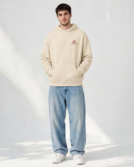 Beige mill-dyed oversized hoodie in 340 g/m² brushed fleece, full body