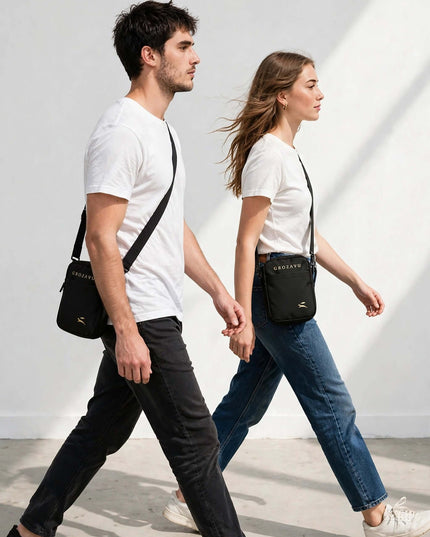 Pocket crossbody worn while walking, showing the adjustable strap