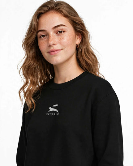 Black 350 g/m² organic cotton crewneck, studio front view