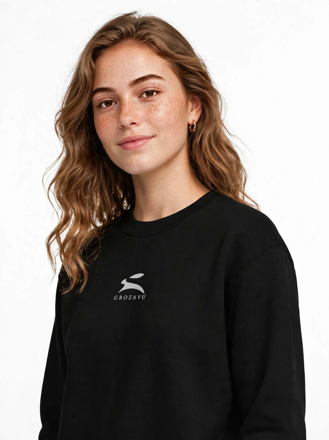 Black 350 g/m² organic cotton crewneck, studio front view