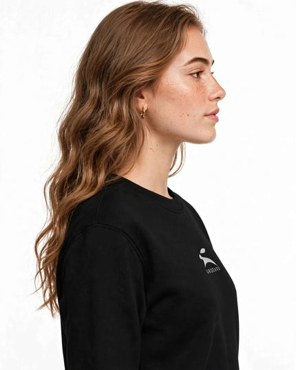 Side profile of the black 350 g/m² crewneck with no polyester