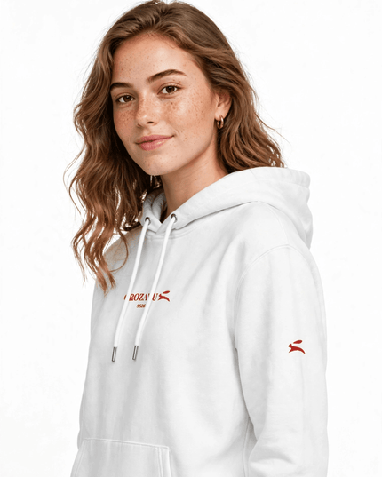 White 350 g/m² organic cotton hoodie with metal eyelets, studio shot