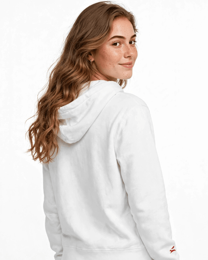 Back-over-shoulder view of the white pure cotton hoodie