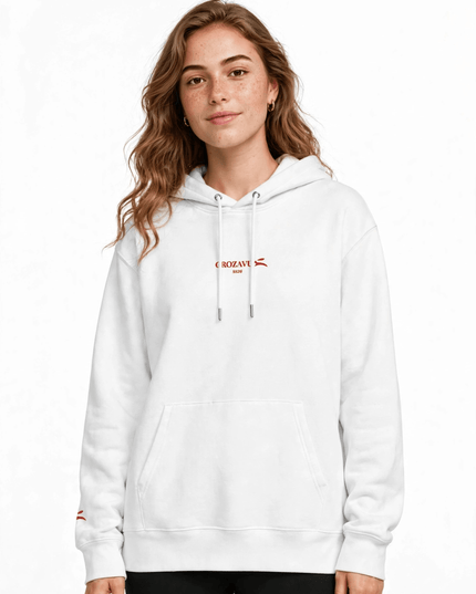 Portrait in the white pure cotton hoodie, made without polyester