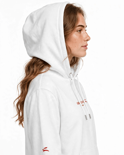 Side profile of the white hoodie with self-fabric double-layered hood