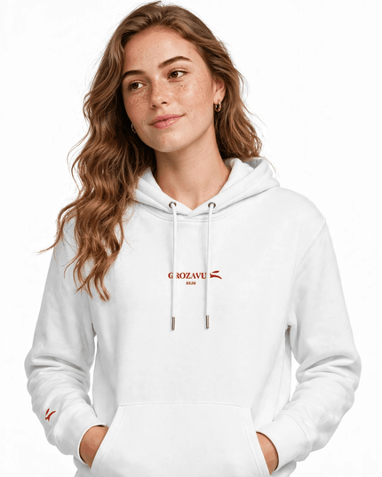 Woman wearing the white 350 g/m² GOTS organic cotton hoodie