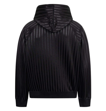 Back view of the Retro Dark Stripe Patchwork Hoodie featuring a stylish striped design and casual fit.