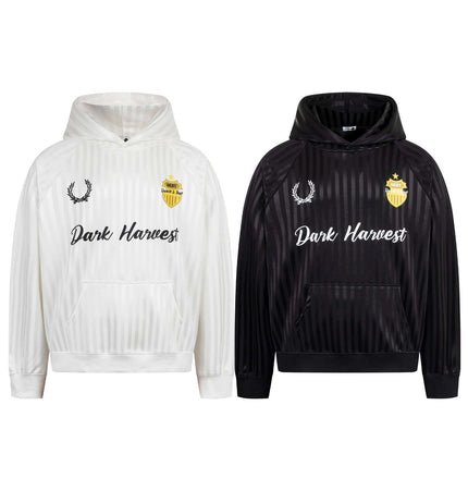 Retro Dark Stripe Patchwork Hoodie in black and white color options featuring bold design and relaxed fit.