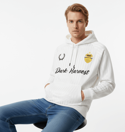 Retro Dark Stripe Patchwork Hoodie worn by a model, featuring a white design with text and emblem.