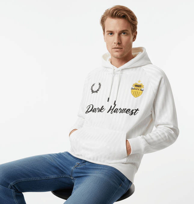 Retro Dark Stripe Patchwork Hoodie worn by a model, featuring a white design with text and emblem.