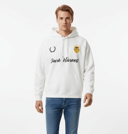 Man wearing Retro Dark Stripe Patchwork Hoodie in white with logo and text Dark Harness, relaxed fit for casual style.