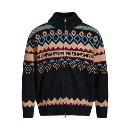 Retro Fair Isle Knit Cardigan – Loose Fit featuring bold color-block jacquard pattern and zip-up style.